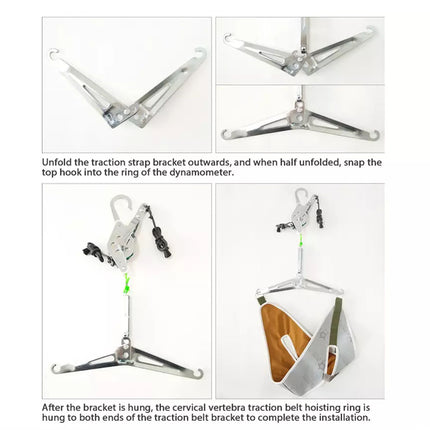 Instructions for unfolding and using a traction strap bracket with a dynamometer.