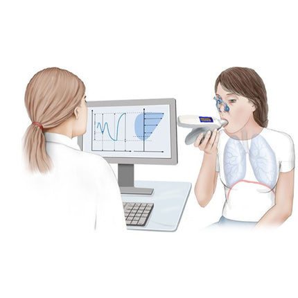 Illustration of a doctor and patient with a spirometer and computer screen displaying breathing data.