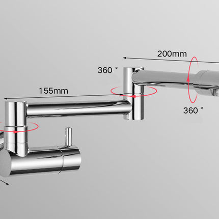 A wall-mounted kitchen faucet with a polished chrome finish, shown with dimension labels and red rotation arrows on a light gray background.