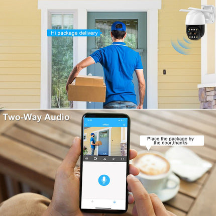 A split promotional graphic for a smart security camera and companion app. The top half shows a white security camera mounted on a yellow house exterior, with a delivery person carrying a box in front of the door and a smartphone overlay indicating two-way audio and package delivery alerts.