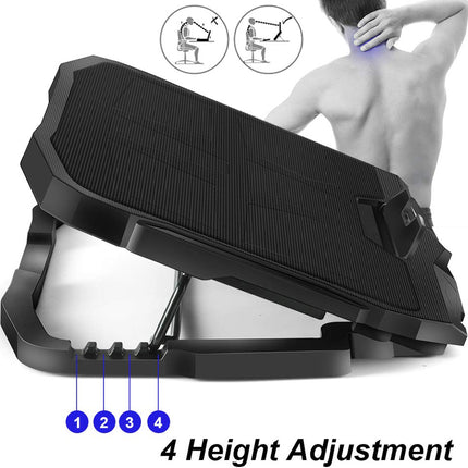 Black step platform with height adjustment markings and a person using it.
