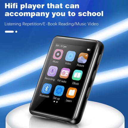 A black portable Hifi player shown at an angle on a white pedestal against a blue graphic background with promotional text about music, video, and reading apps.