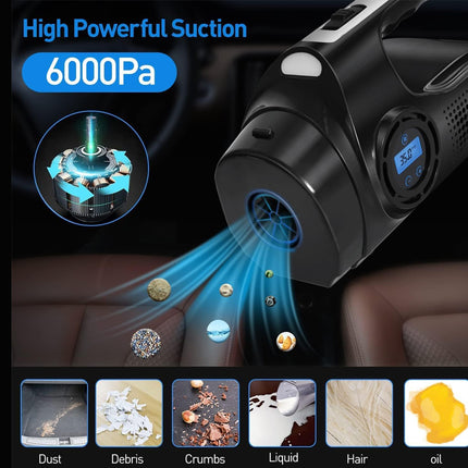 A black handheld car vacuum cleaner shown in a car interior with blue graphic lines illustrating suction. The image includes text reading 'High Powerful Suction' and '6000Pa', plus a circular diagram and a row of icons showing suction targets such as dust, debris, crumbs, liquid, hair, and oil.
