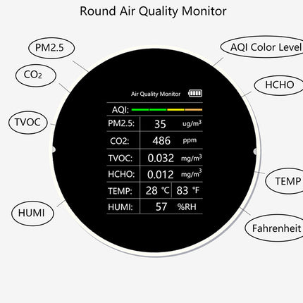 Round air quality monitor with digital display on a white background