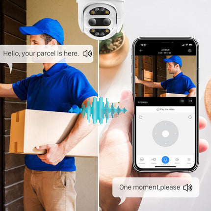 Delivery person with a package, phone call interface, and smartphone app showing video call.