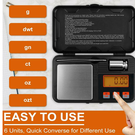 Digital pocket scale with measurement unit buttons on a white background