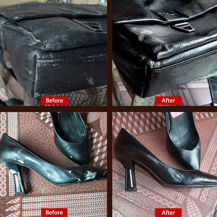 Before and after comparison of a black leather bag and high heels on a textured surface.