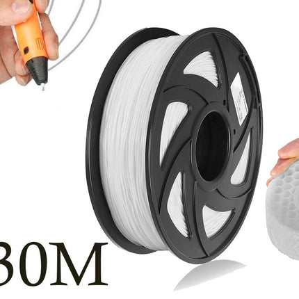 Spool of white filament with a 3D printer pen and a small gray object, on a white background.