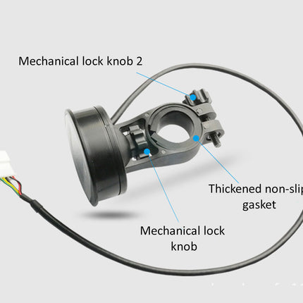 A black mechanical lock knob assembly with a wire connector and looped cable on a light gray background, labeled with callouts for 'Mechanical lock knob 2', 'Thickened non-slip gasket', and 'Mechanical lock knob 2'.