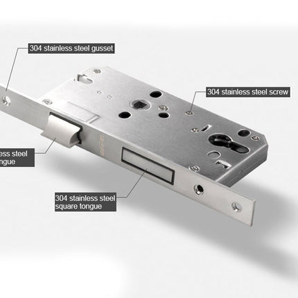 Metal lock mechanism with labeled parts on a white background