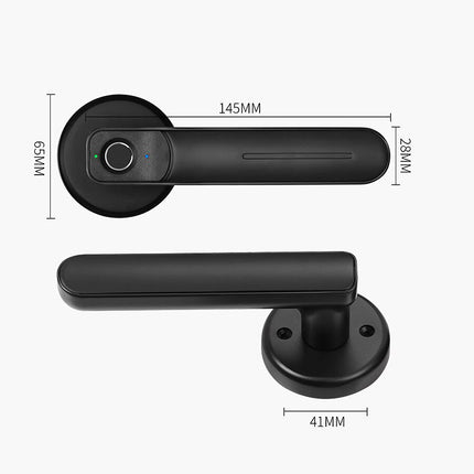 Black electronic smart door handle shown from two angles with dimension labels: 145mm length, 65mm width, and 41mm base diameter, on a light gray background.