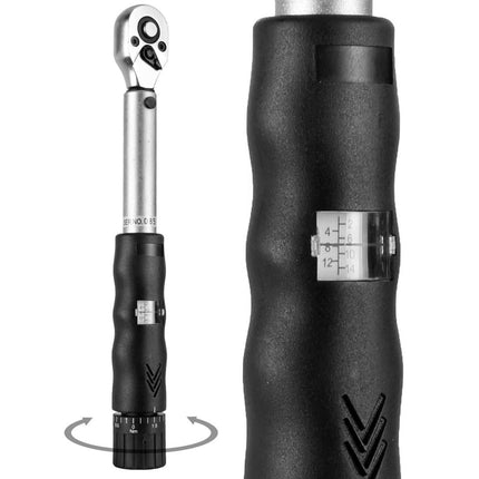 Black torque wrench with adjustable head on a white background