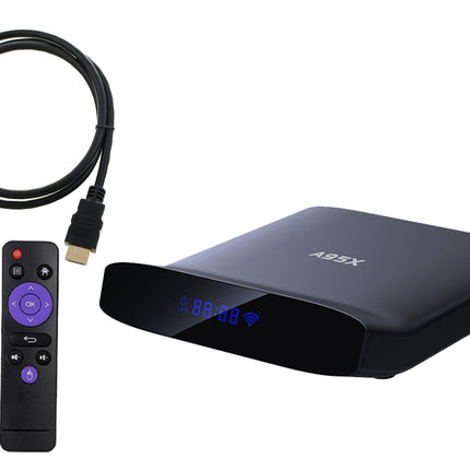 ABX media player with remote control and cable on a white background