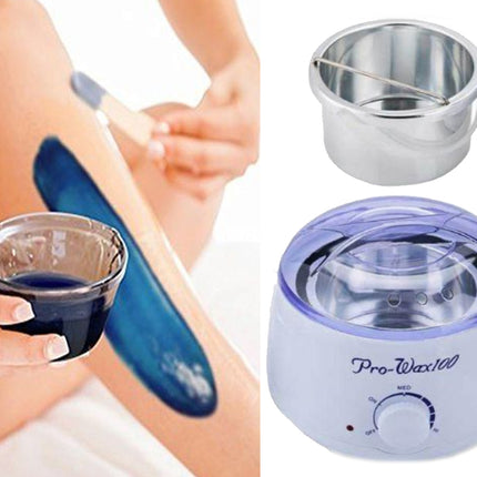 Hair removal process with wax and a wax warmer on a white background