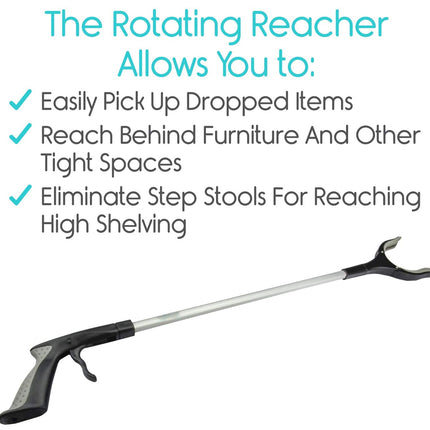 Rotating reacher tool with features listed on a white background
