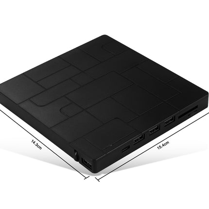 A black rectangular electronic device with a textured top surface, shown at an angle on a white background with dimension lines and text indicating 14.3cm by 16.