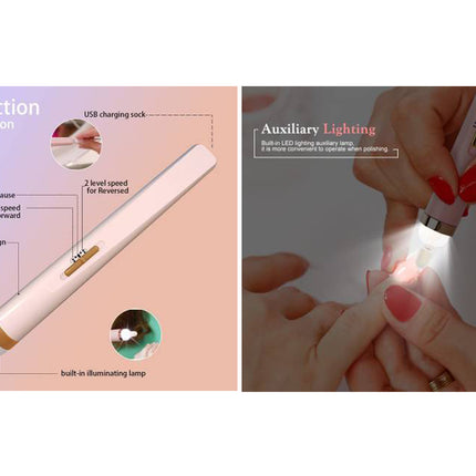 Nail art pen with USB charging sock, light-up feature, and detailed instructions on a white background.