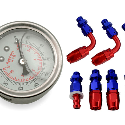 Pressure gauge with red and blue fittings on a white background