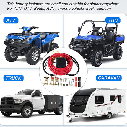 Advertisement for battery isolators suitable for ATV, UTV, boats, RVs, trucks, and caravans.