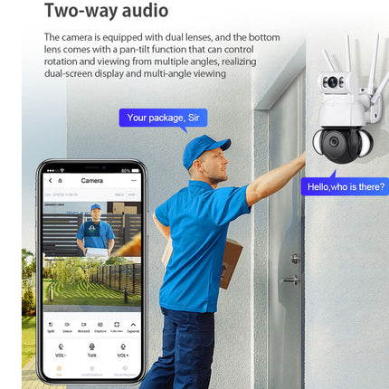 Person using a doorbell camera with two-way audio and smartphone app interface.