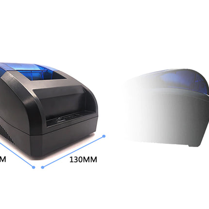 A black and blue thermal label printer shown on a white background with dimension annotations indicating 180mm width, 130mm depth, and 110mm height.