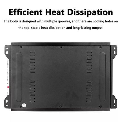 Black electronic component with cooling grooves and holes on a white background