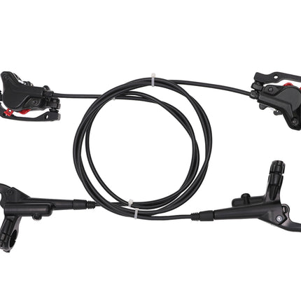 Bicycle brake system with levers and cables on a white background