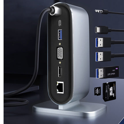 Multi-port USB hub with various cables and connectors on a dark background