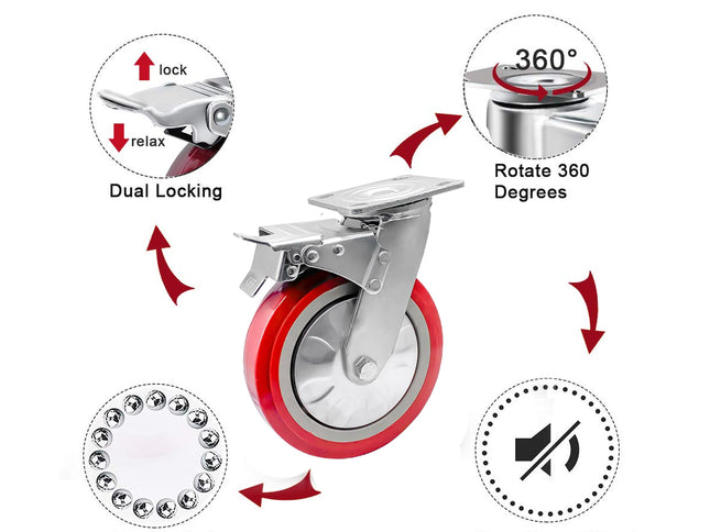 Red caster wheel with features highlighted on a white background