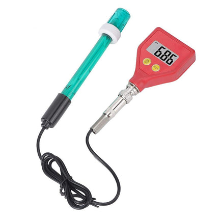 A digital pH meter probe with a red plastic handle, a green translucent sensor tube, a black cable, and a silver metal connector, shown on a plain white background.