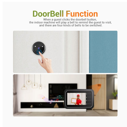 An informational product graphic titled 'DoorBell Function' showing a smart doorbell wall control panel and a hand pressing it, with text explaining the doorbell button and four bell settings. Below, a home interior scene shows a screen overlay of the doorbell video feed.