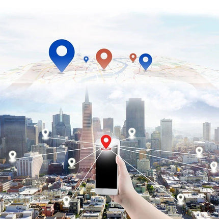 A hand holds a smartphone over a city skyline, with location-pin graphics and connected lines overlaid on the scene, suggesting GPS or location-based services.
