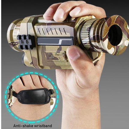 Hand holding a tactical flashlight with an inset showing an anti-shake wristband.