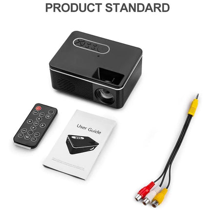 Black projector with remote control, user guide, and cables on a white background