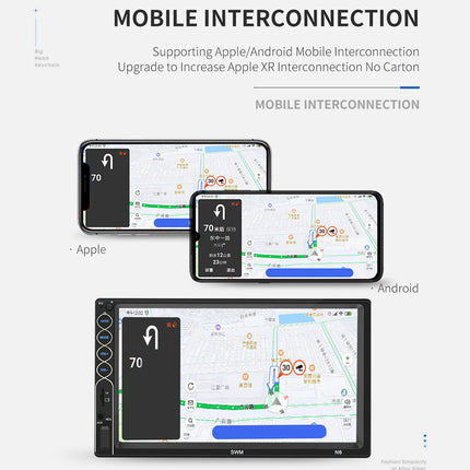 Three smartphone screens displaying navigation apps with text about mobile interconnection.