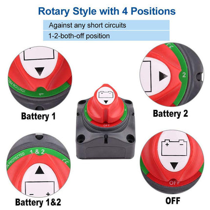 Rotary switch with four positions labeled Battery 1, Battery 2, Battery 1 & 2, and OFF on a white background.