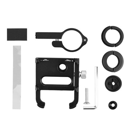 Set of black camera lens components on a white background
