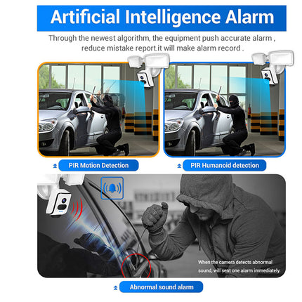 Advertisement for an artificial intelligence alarm system with security camera images and text.