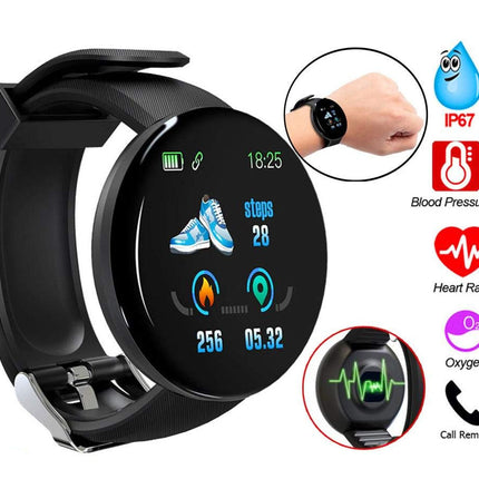 Black smartwatch with digital display on a white background, featuring health monitoring icons.