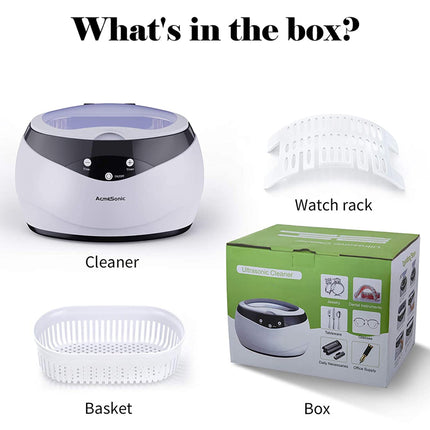 Ultrasonic cleaner with basket, watch rack, and packaging on a white background