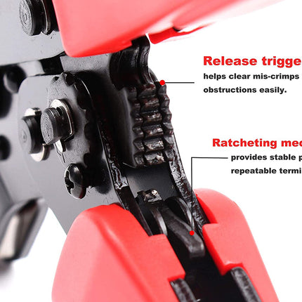 Close-up of a crimping tool with labeled features on a white background