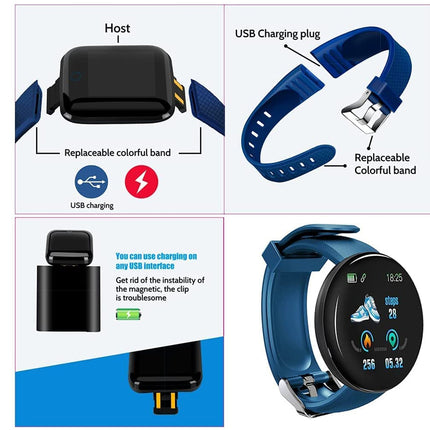 Smartwatch with interchangeable band and charging plug on a white background