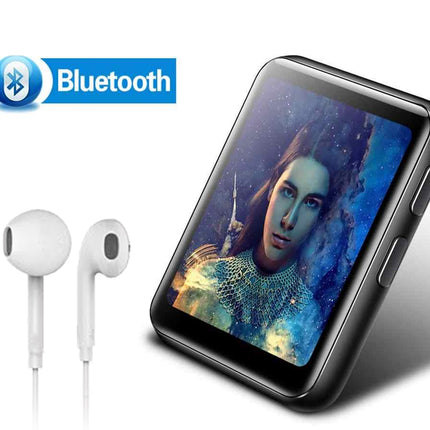 A black Bluetooth portable media player with a colorful screen displaying a woman's portrait, shown alongside white wired earbuds and a blue Bluetooth logo on a white background.