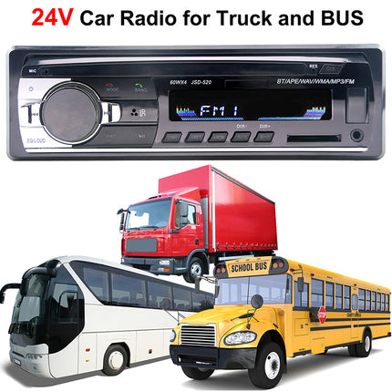 24V car radio for truck and bus with images of a truck and school bus below.