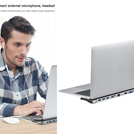 A laptop stand holding an open silver laptop, shown beside a lifestyle photo of a man using a laptop with wired earphones. Text at the top reads 'Connect external microphone, headset' with a small feature description.
