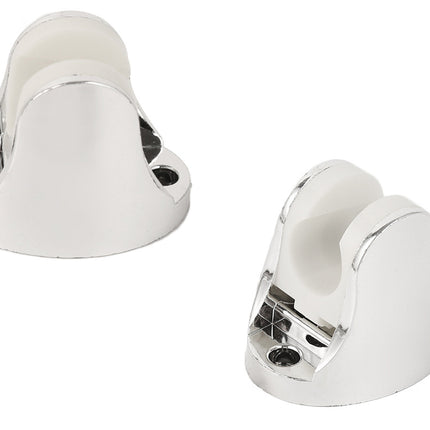 Two chrome hooks with white padding on a white background