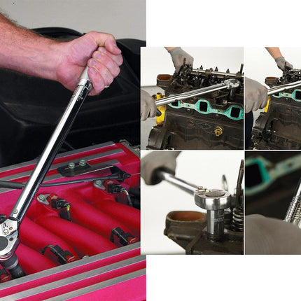 Collage of a person using a wrench on a car engine.