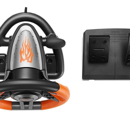 Gaming steering wheel with orange rim and dashboard controller on a white background