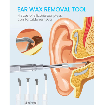 An illustrated product graphic for an ear wax removal tool, showing a metal ear pick inserted into an ear, with four different silicone earpick sizes at the bottom and text reading 'EAR WAX REMOVAL TOOL' and '4 sizes of silicone ear picks comfortable removal'.