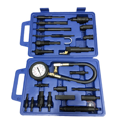 Mechanical compression tester set with tools in a blue case on a white background